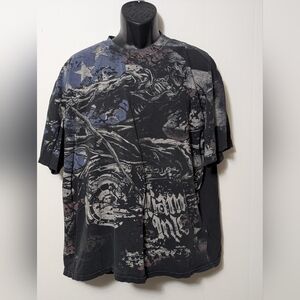 Men's Vintage Y2K Miami Ink AOP Black T Shirt Size 2XL Skeleton Flag USA Faded